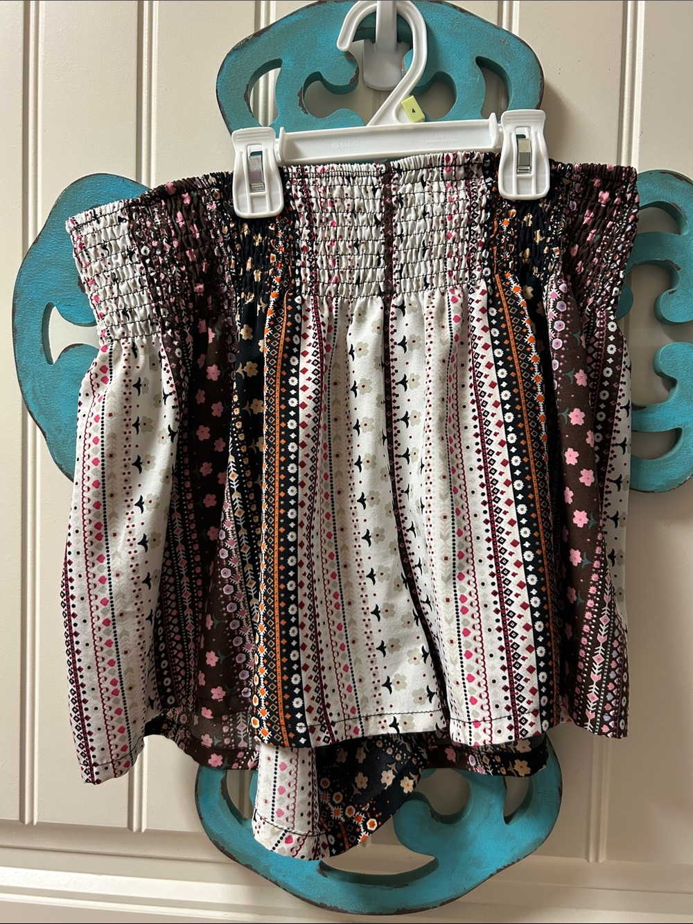 SHEIN White Smocked Boho Mini Shorts with Floral & Black Stripe